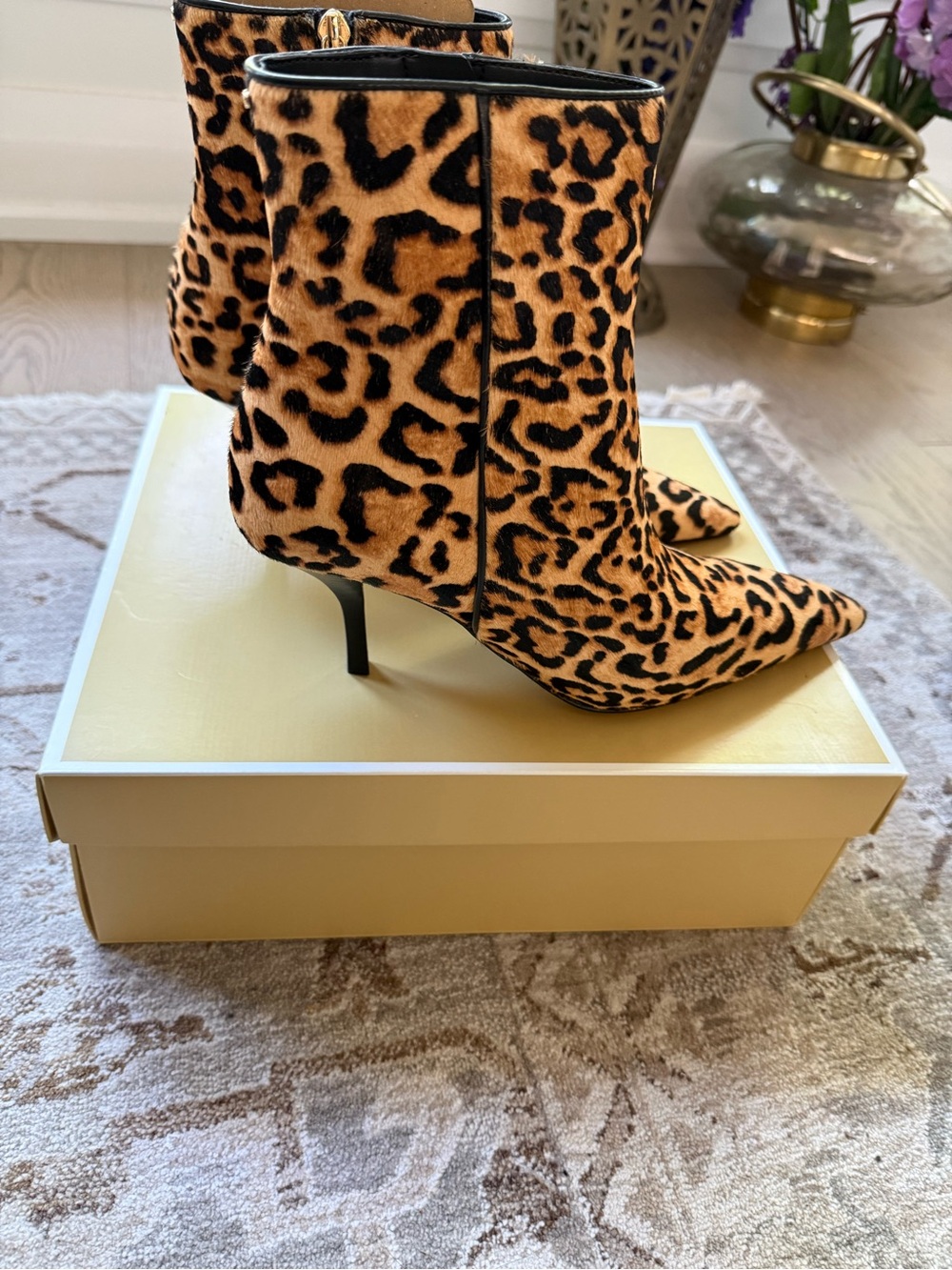 Michael Kors Leopard-Print Pointed-Toe Ankle Boots in Black and Brown